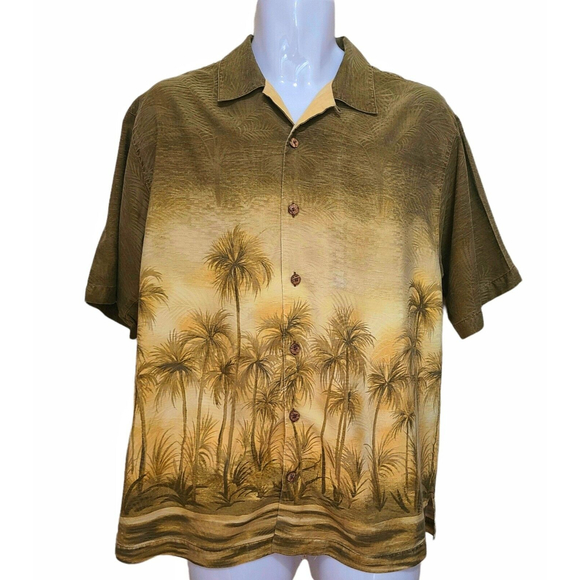 Tommy Bahama Men's Silk Palms Hawaiian Shirt Size M Golden Green Tropical Summer - Picture 1 of 12
